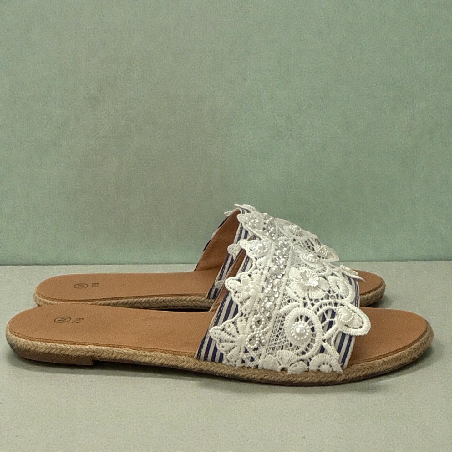 NWOT Women’s Lace Embellished Flat Slide Sandals