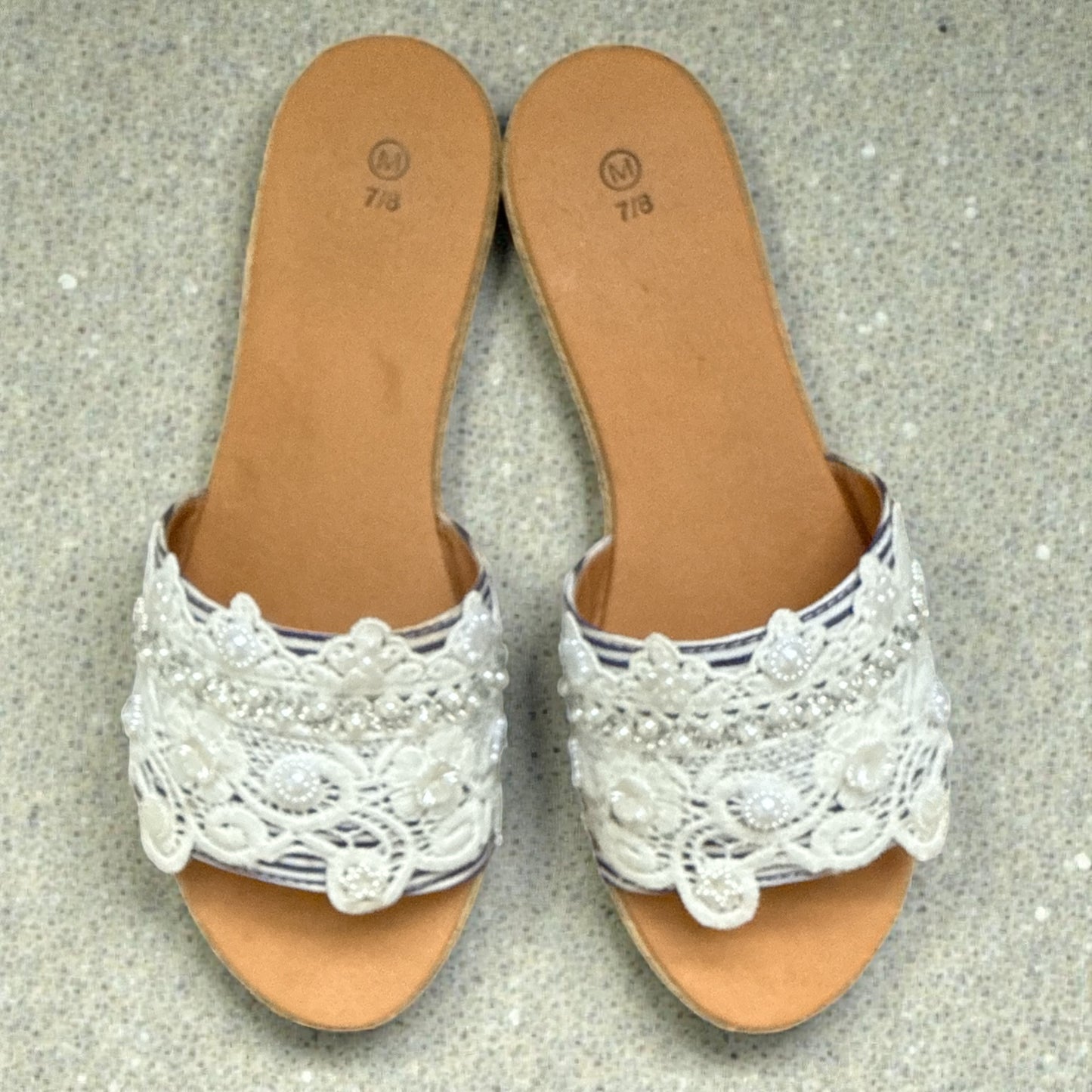 NWOT Women’s Lace Embellished Flat Slide Sandals